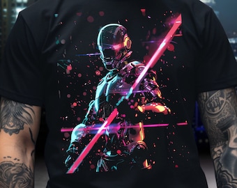 Koszulka Cyberpunk Robot Lightsaber, transhumanistyczna gra artystyczna film 2077 Futurystyczny prezent dla niego, jej geek VR disco fajna graficzna koszulka z lat 80.