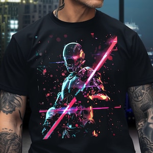 Cyberpunk Robot Lightsaber Shirt, transhuman game art film 2077 Futuristic Clothing gift for him her geek VR disco cool graphic tee 80s