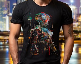 Koszulka Cyberpunk Robot, transhumanistyczna gra artystyczna film 2077 Futurystyczna koszulka odzieżowa prezent punkowy prezent dla niego dla niej geek VR disco fajna graficzna koszulka z lat 80.