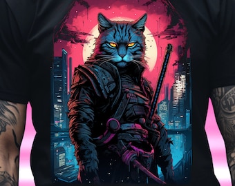 Ninja Samurai Cat Shirt, Cyber punk cyberpunk cat Japanese clothing vaporwave retrowave synthwave techwear futuristic dystopian gift