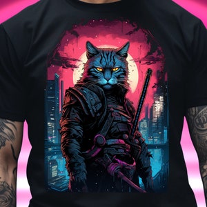 Ninja Samurai Cat Shirt, Cyber punk cyberpunk cat Japanese clothing vaporwave retrowave synthwave techwear futuristic dystopian gift
