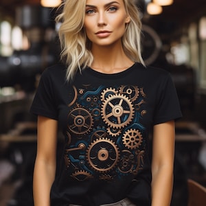 May include: A black t-shirt with a graphic print of gold gears and blue accents.