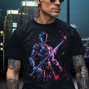 Cyberpunk Robot Sword Shirt, transhuman game art film 2077 Futuristic Clothing Gift punk gift for him her geek VR disco cool graphic tee 80s
