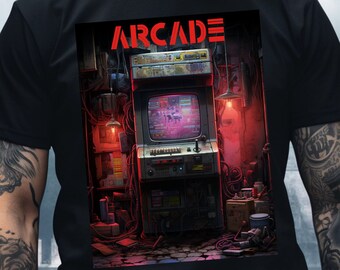May include: A black t-shirt with a graphic of a retro arcade game with the word "ARCADE" in red letters above it.