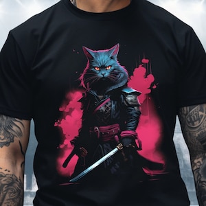 Samurai Cat Shirt, Japanese science fiction scifi cyber punk clothing kitty vaporwave ninja synthwave futuristic dystopian geek gift