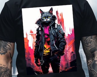 Urban Street Cat Shirt, cool Japanese japanimation science fiction clothing kitty vaporwave synthwave futuristic comic book art geek gift