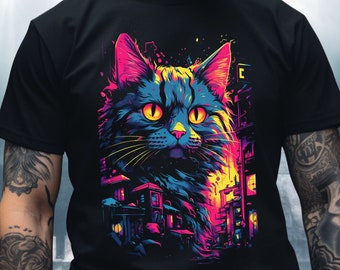 Sythwave Urbab Cat Shirt, Vaporwave Retrowave Outrun Game Art Cyberpunk City Cat dystopian scifi techno noir retro-futuristic neon