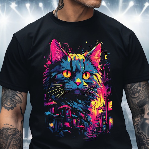 Sythwave Urbab Cat Shirt, Vaporwave Retrowave Outrun Game Art Cyberpunk City Cat dystopian scifi techno noir retro-futuristic neon