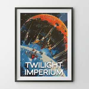 May include: A vintage poster for the video game Twilight Imperium. The poster features a colourful illustration of a space battle with spaceships flying around a large, red planet.