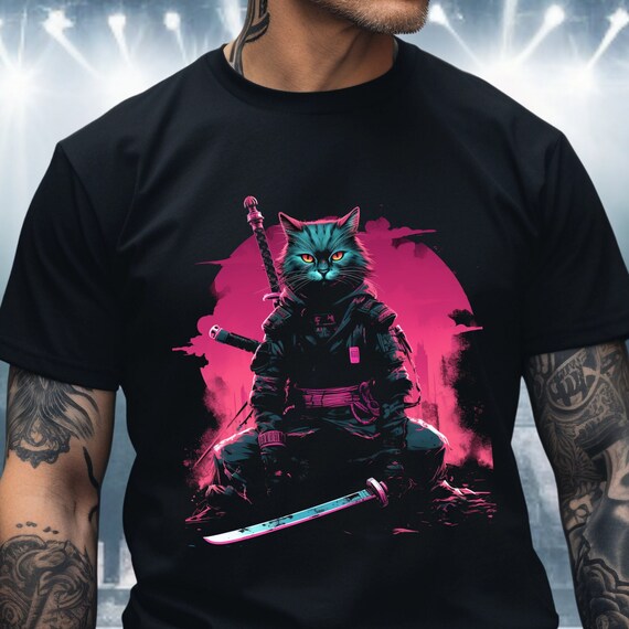 Samurai Cat Shirt, Japanese science fiction scifi cyber punk clothing kitty vaporwave ninja synthwave futuristic dystopian geek gift ninja