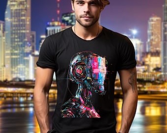 Cyberpunk Roboter Shirt, transHuman Game Art Film 2077 Futuristisches Shirt Kleidung Punk Geschenk für Ihn Her Geek VR Disko cool Grafik Tee 80er Jahre