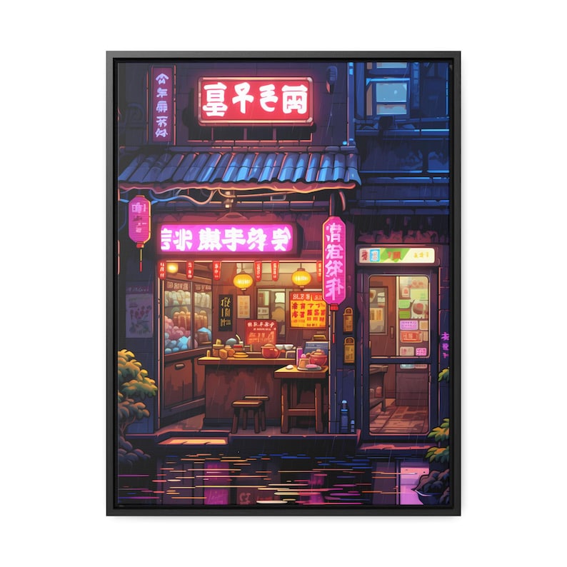May include: A neon sign in pink and red reads "Early Rain" above a storefront with a sign in Chinese characters. The storefront is lit with warm yellow light and has a wooden counter and stools. The scene is set at night with a wet, reflective surface in the foreground.