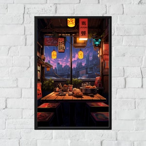 Ramen Shop Night Poster, Wall Art Cozy Cafe Studio Ghibli Japan Manga Comic Art Japanimation Vaporwave City Night Noodle Game Art Cyberpunk