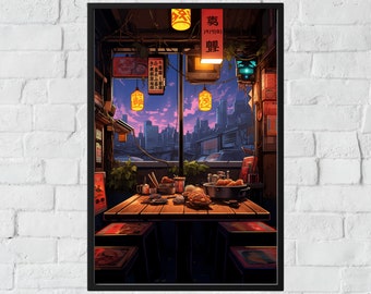 Ramen Shop Night Poster, Wall Art Cozy Cafe Studio Ghibli Japan Manga Comic Art Japanimation Vaporwave City Night Noodle Game Art Cyberpunk