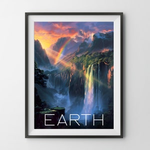 Earth Board Game poster, nature rainbow waterfall painting strategy game print gift for board gamer dad father mom dad geek euro fan art