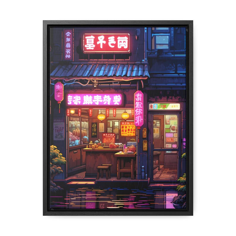 Poster or Japanese Ramen noodle shop in the style of richly detailed manga comic art with neon cyberpunk aesthetic