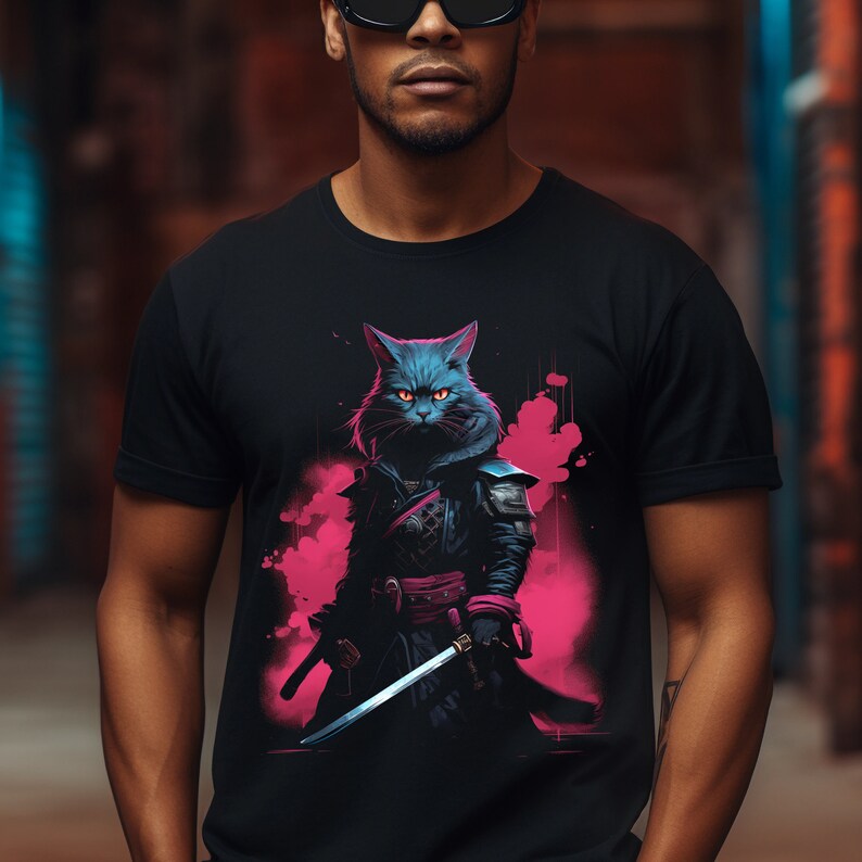 Samurai Cat Shirt, Japanese science fiction scifi cyber punk clothing kitty vaporwave ninja synthwave futuristic dystopian geek gift image 4