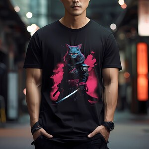 Samurai Cat Shirt, Japanese science fiction scifi cyber punk clothing kitty vaporwave ninja synthwave futuristic dystopian geek gift image 6