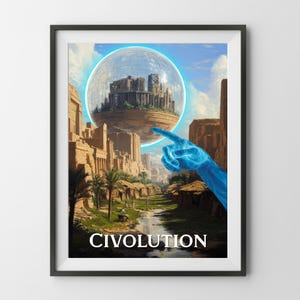 May include: A futuristic city scene with a large, transparent sphere hovering over a building. A blue hand points to the sphere, and the text "CIVOLUTION" is written below the image.