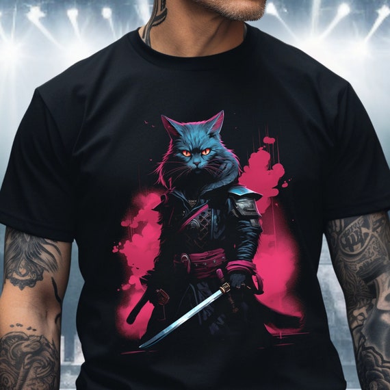 Samurai Cat Shirt, Japanese science fiction scifi cyber punk clothing kitty vaporwave ninja synthwave futuristic dystopian geek gift