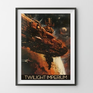 Op de afbeelding: Een retro-poster met een groot, gedetailleerd ruimteschip dat boven een planeet zweeft. Het ruimteschip is roestoranje en heeft veel niveaus en ramen. De planeet is rood-oranje met een witte wolkenband. De poster heeft de tekst "TWILIGHT IMPERIUM" onderaan.
