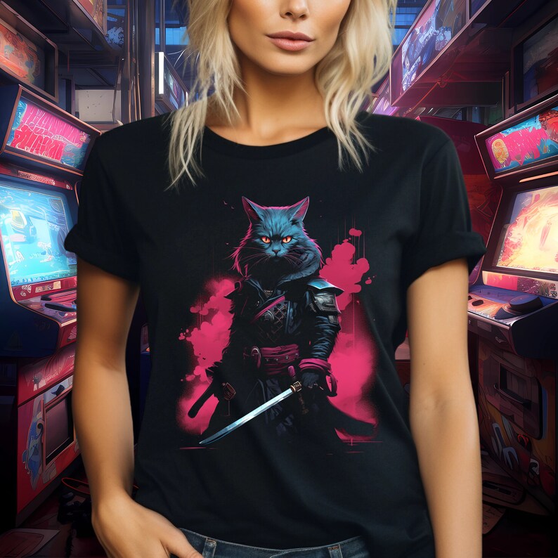 Samurai Cat Shirt, Japanese science fiction scifi cyber punk clothing kitty vaporwave ninja synthwave futuristic dystopian geek gift image 3