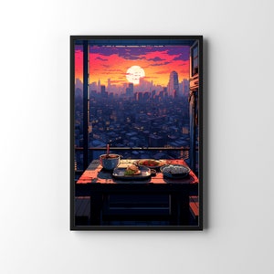 Ramen Shop Sunset Poster, Wall Art Cozy Cafe Studio Ghibli Japan Manga Comic Art Japanimation Vaporwave Retrowave Outrun Game Art Cyberpunk