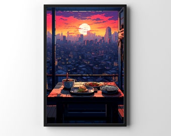 Ramen Shop Sunset Poster, Wall Art Cozy Cafe Studio Ghibli Japan Manga Comic Art Japanimation Vaporwave Retrowave Outrun Game Art Cyberpunk