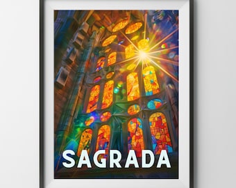 May include: A colorful stained glass window in the Sagrada Familia church in Barcelona, Spain. The window is illuminated by sunlight, creating a radiant glow. The text "SAGRAD" is visible at the bottom of the image.