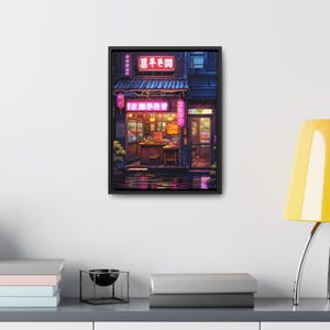 May include: A digital painting of a small storefront with neon signs in Japanese characters. The storefront is lit up at night and has a red awning. The storefront is located on a street with a small body of water in front of it.
