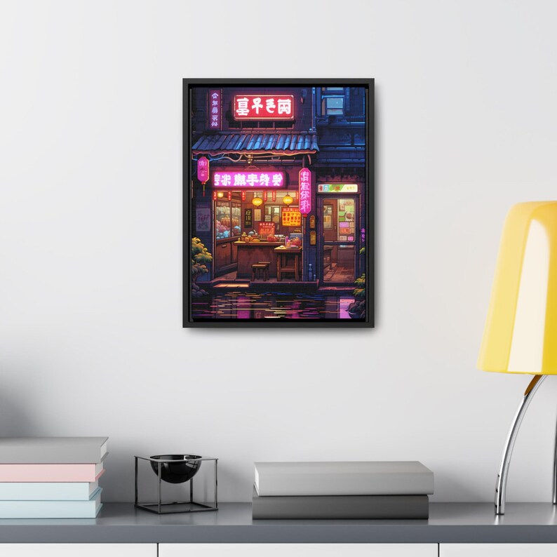 May include: A digital painting of a small storefront with neon signs in Japanese characters. The storefront is lit up at night and has a red awning. The storefront is located on a street with a small body of water in front of it.