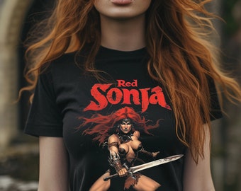 Red Sonja Shirt, conan the barbarian cimmerian warrior vintage fantasy art comic book tee gift for her sword and sorcerer weird tales