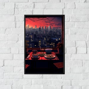 Ramen Shop Sunset Poster, Wall Art Cozy Cafe Studio Ghibli Japan Manga Comic Art Japanimation Vaporwave City Night Noodle Game Art Cyberpunk