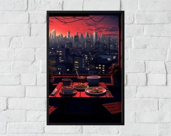 Ramen Shop Sunset Poster, Wall Art Cozy Cafe Studio Ghibli Japan Manga Comic Art Japanimation Vaporwave City Night Noodle Game Art Cyberpunk