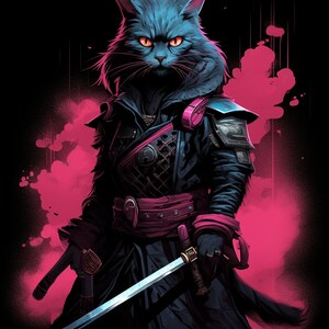 Samurai Cat Shirt, Japanese science fiction scifi cyber punk clothing kitty vaporwave ninja synthwave futuristic dystopian geek gift image 2
