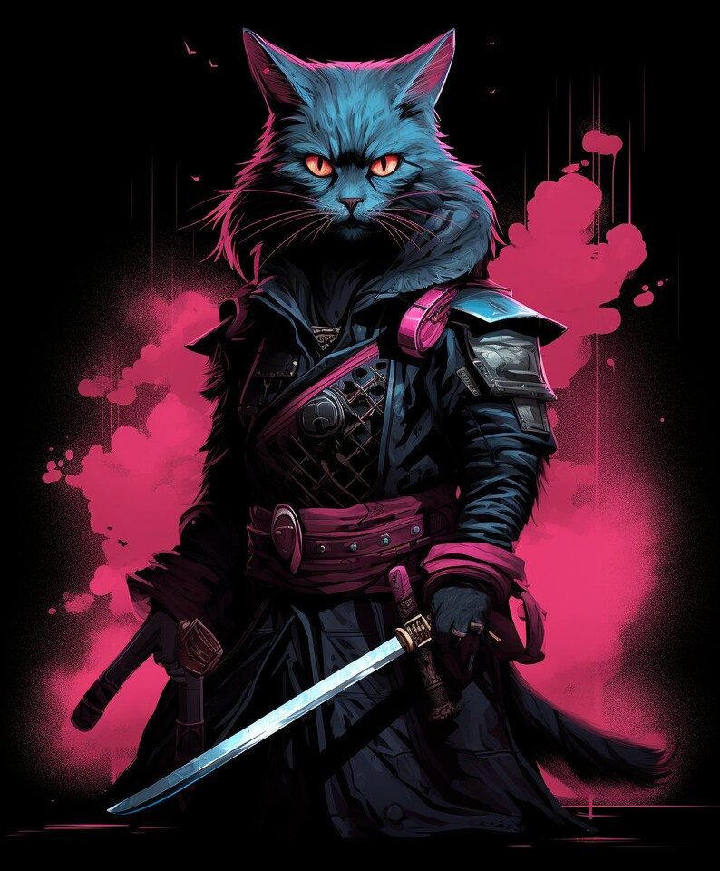 Samurai Cat Shirt, Japanese science fiction scifi cyber punk clothing kitty vaporwave ninja synthwave futuristic dystopian geek gift image 2