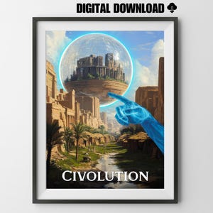 May include: A digital illustration of a futuristic city inside a blue bubble, with a blue hand pointing to it. The text "CIVOLUTION" is at the bottom of the image.