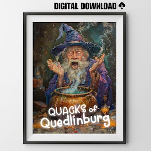 Könnte beinhalten: Eine fantasievolle Illustration eines Zauberers mit langem weißem Bart und einem lila Gewand, der einen Kessel mit einem überraschten Ausdruck umrührt. Der Text "QUACKS of QUEDLINBURG" ist in weißen Buchstaben auf einem bunten Hintergrund geschrieben.
