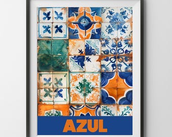 May include: A digital download of a printable art print featuring a colorful pattern of blue, orange, and green tiles with the word "AZUL" in orange text on a blue background.