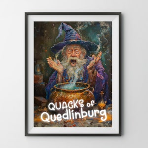 May include: A wizard with a long white beard and a purple robe is stirring a cauldron with a blue liquid. He is surrounded by colourful smoke and sparks. The text "QUACKS of QUEDLINBURG" is written in white letters on a dark background.