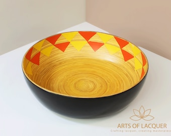 Geometric Bamboo Lacquer Bowl - Modern Artistic Centerpiece