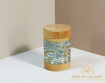 Handcrafted Bamboo Lacquer Jar with Eggshell Inlay - Blue Pattern Accent
