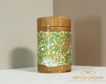 Green Artisanal Bamboo Lacquer Jar with Eggshell Mosaic