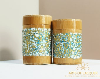 2 Items of Blue Pattern Bamboo Lacquer Jar with Eggshell Inlay