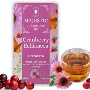 May include: A box of Majestic Luxurious Tea, Cranberry Echinacea Herbal Tea. The box features a pink background with images of cranberries, echinacea flowers, and fall leaves. The text "WHOLE LEAF TEA BAGS" is printed on the box. The box contains 20 tea bags.