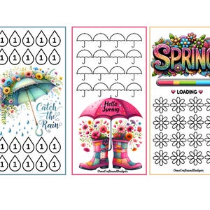 Könnte beinhalten: Drei farbenfrohe Planereinlagen zum Thema Frühling. Eines zeigt einen Regenschirm mit dem Text "Catch the Rain". Ein anderes zeigt einen rosa Regenschirm mit dem Text "Hello Spring" und Gummistiefeln. Das dritte hat das Wort "SPRING" und einen Ladebalken mit Blumen-Symbolen.