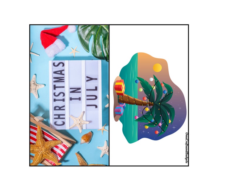 May include: A light blue background with a white light box that reads "CHRISTMAS IN JULY".  A red Santa hat, starfish, seashells, and a beach chair are scattered around the light box.  On the right side of the image, a palm tree is decorated with Christmas lights and presents.  The palm tree is on a beach with a sunset in the background.