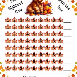 Può includere: Un tabellone di gioco stampabile a tema autunnale con un'illustrazione di una mucca delle Highlands. Il testo include "Fall Highland Cow" e "Shut the box". Il tabellone include file di foglie d'acero numerate.