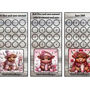 May include: Three printable Valentine's Day themed game cards featuring a cute Highland cow illustration. The first card has a grid of 20 circles for a roll and save game. The second card has a grid of 16 circles for a roll and save game. The third card has a grid of 16 circles for a save £40 game.