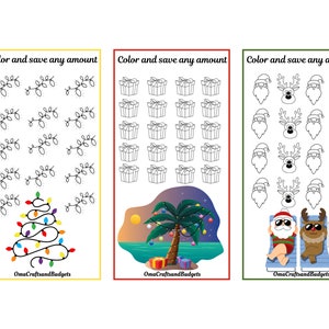May include: Three printable coloring pages with the text "Color and save any amount" at the top of each page. The first page features a Christmas tree with lights, the second page features a palm tree on a beach, and the third page features Santa Claus and a reindeer.